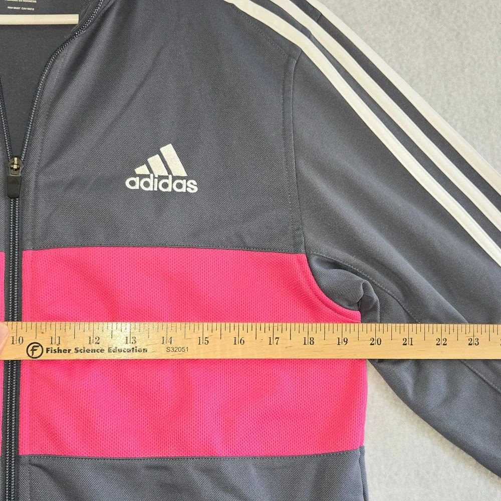 Adidas Track Jacket women Medium Grey Pink Stripe Full Zip 3-Stripe B#294